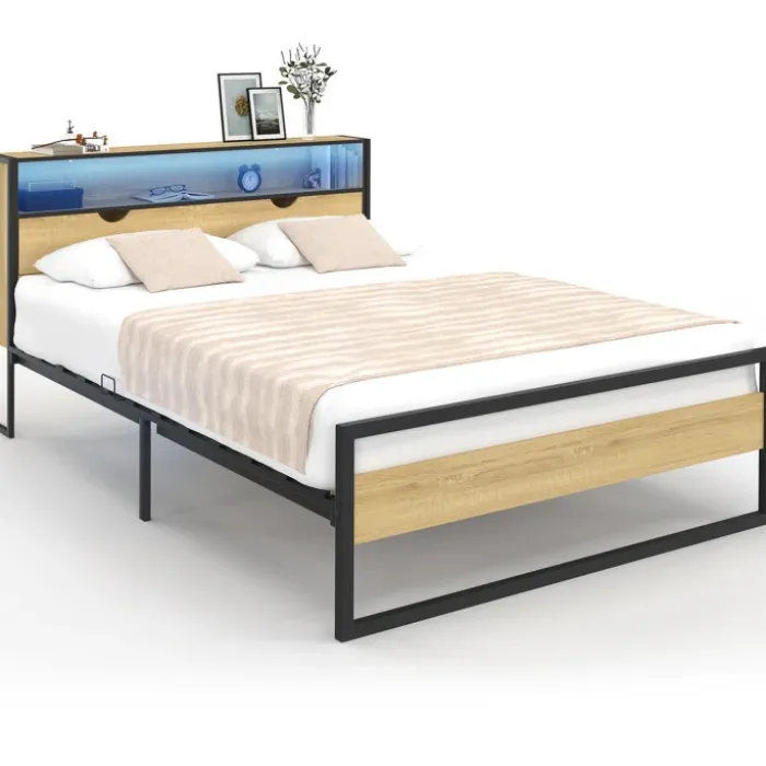 Lit double LED intégrés dans la tête de lit et sommier 140x190 cm effet bois et métal noir style industriel