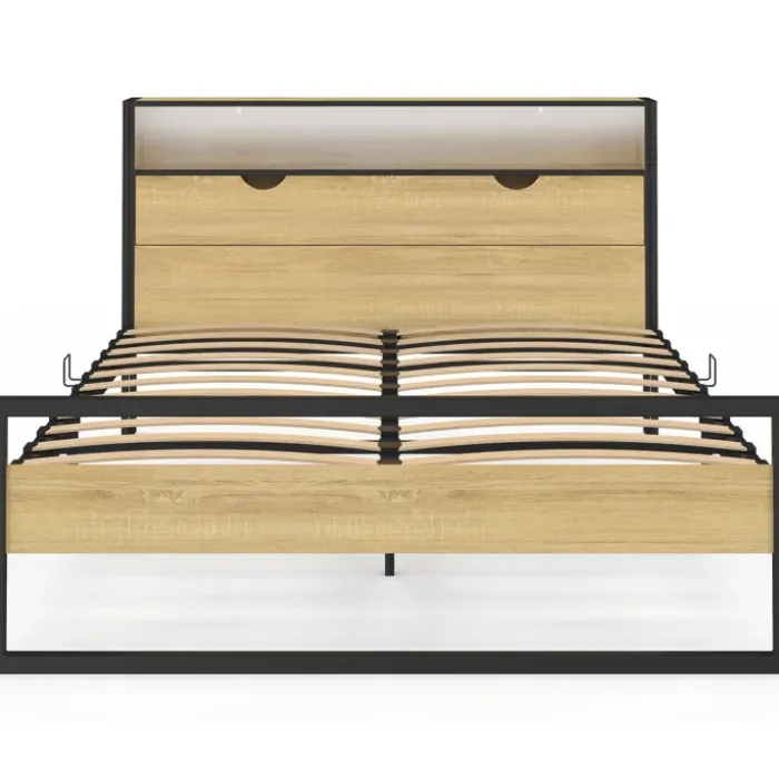 Lit double LED intégrés dans la tête de lit et sommier 140x190 cm effet bois et métal noir style industriel