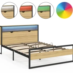 Lit double LED intégrés dans la tête de lit et sommier 140x190 cm effet bois et métal noir style industriel