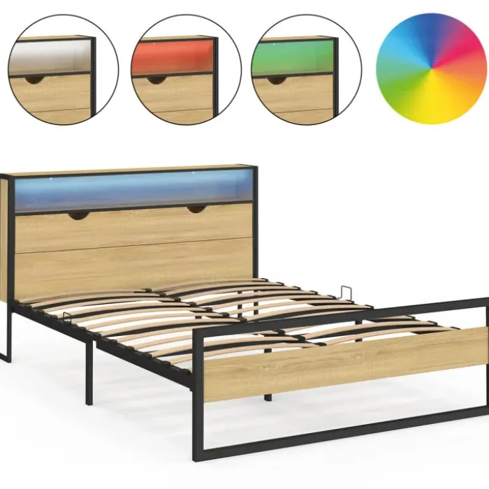 Lit double LED intégrés dans la tête de lit et sommier 140x190 cm effet bois et métal noir style industriel