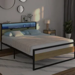 Lit double LED intégrés dans la tête de lit et sommier 140x190 cm effet bois et métal noir style industriel