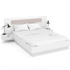 Lit double 140x190 blanc avec tête de lit et chevets