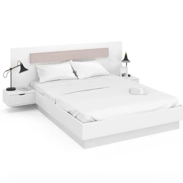 Lit double 140x190 blanc avec tête de lit et chevets