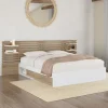 Lit double 140x190 blanc et hêtre avec rangement, tête de lit et chevets