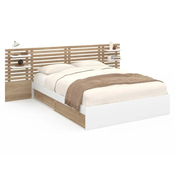 Lit double 140x190 blanc et hêtre avec rangement, tête de lit et chevets