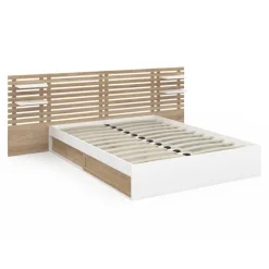 Lit double 140x190 blanc et hêtre avec rangement, tête de lit et chevets