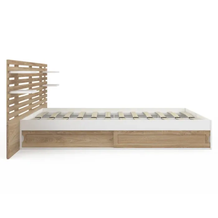 Lit double 140x190 blanc et hêtre avec rangement, tête de lit et chevets