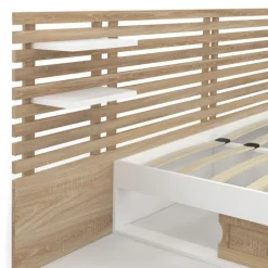 Lit double 140x190 blanc et hêtre avec rangement, tête de lit et chevets