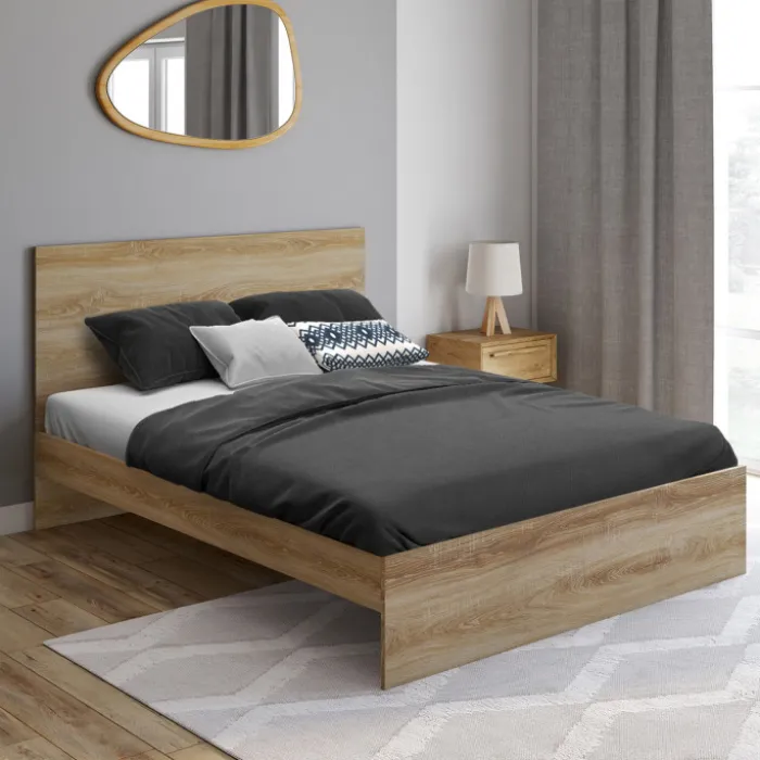 Lit double 140x190 cm avec sommier et tête de lit en bois