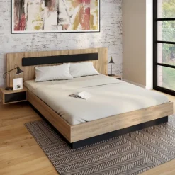 Lit double 160x200 cm bois et noir avec tête de lit et tables de chevet