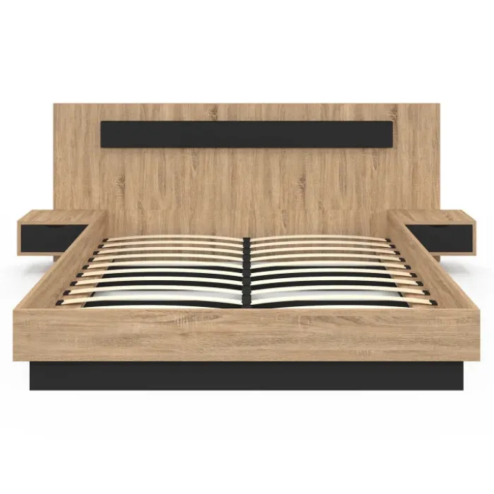 Lit double 160x200 cm bois et noir avec tête de lit et tables de chevet
