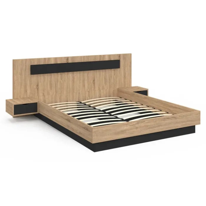 Lit double 160x200 cm bois et noir avec tête de lit et tables de chevet