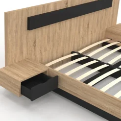 Lit double 160x200 cm bois et noir avec tête de lit et tables de chevet