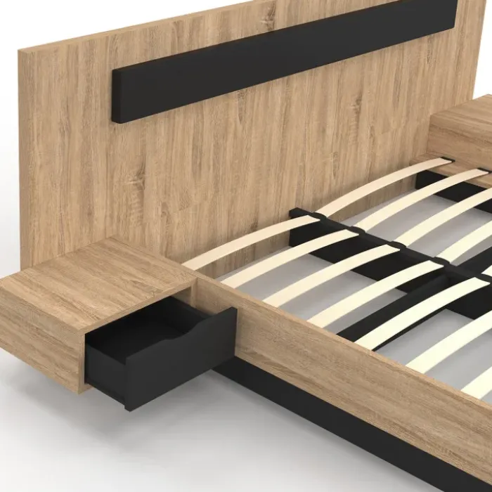 Lit double 160x200 cm bois et noir avec tête de lit et tables de chevet