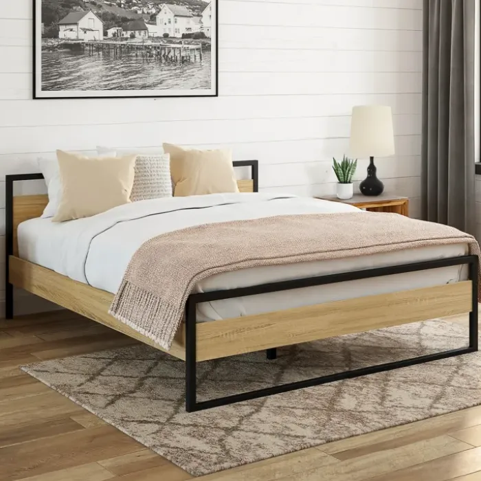 Lit double 140x190 cm style industriel avec sommier