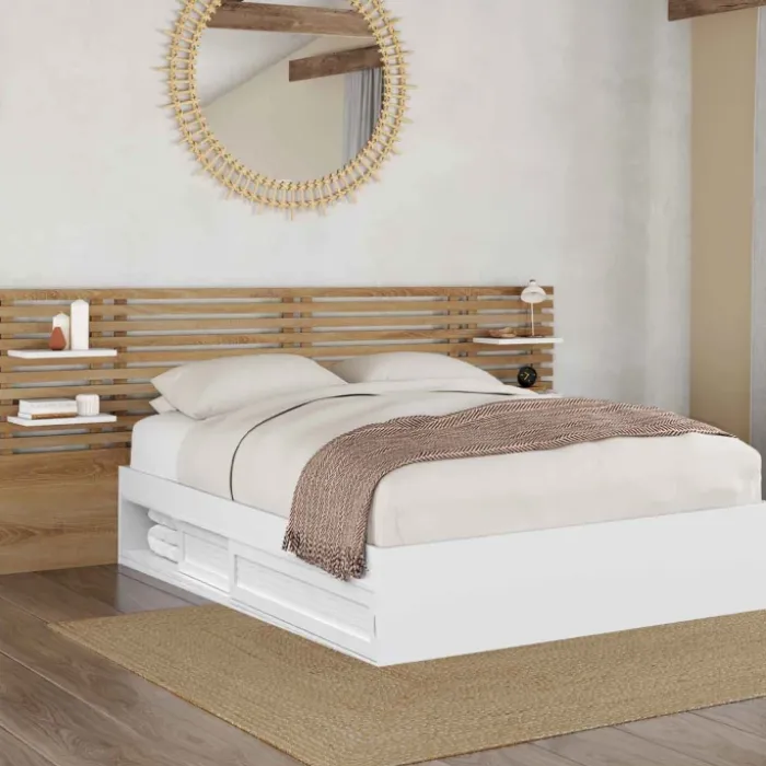 Lit double 140x190 hêtre et blanc avec tête de lit et chevets