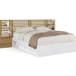 Lit double 140x190 hêtre et blanc avec tête de lit et chevets