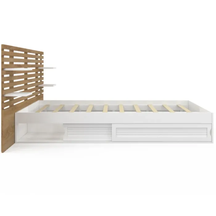 Lit double 140x190 hêtre et blanc avec tête de lit et chevets