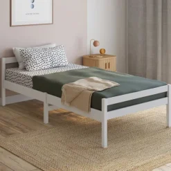 Lit simple 90 x 190 cm avec sommier bois blanc
