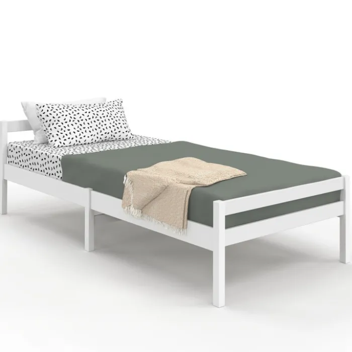 Lit simple 90 x 190 cm avec sommier bois blanc
