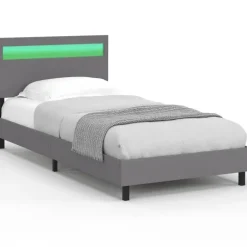 Lit simple 90 x 190 cm avec tête de lit LED intégrées et sommier PVC gris