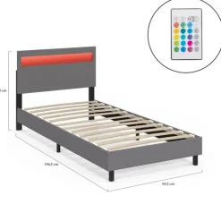 Lit simple 90 x 190 cm avec tête de lit LED intégrées et sommier PVC gris
