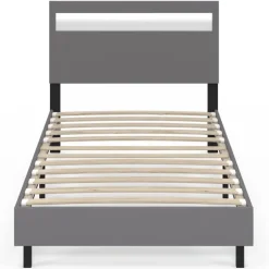 Lit simple 90 x 190 cm avec tête de lit LED intégrées et sommier PVC gris