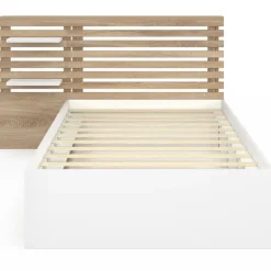 Lit simple avec tête de lit, chevets, rangements et sommier 90 x 190 cm façon hêtre et blanc