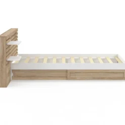 Lit simple avec tête de lit, chevets, rangements et sommier 90 x 190 cm façon hêtre et blanc