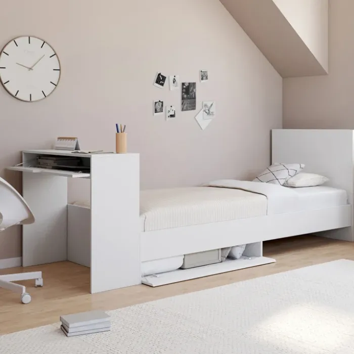 Lit simple blanc 90 x 190 cm avec rangements, sommier, tête de lit et bureau