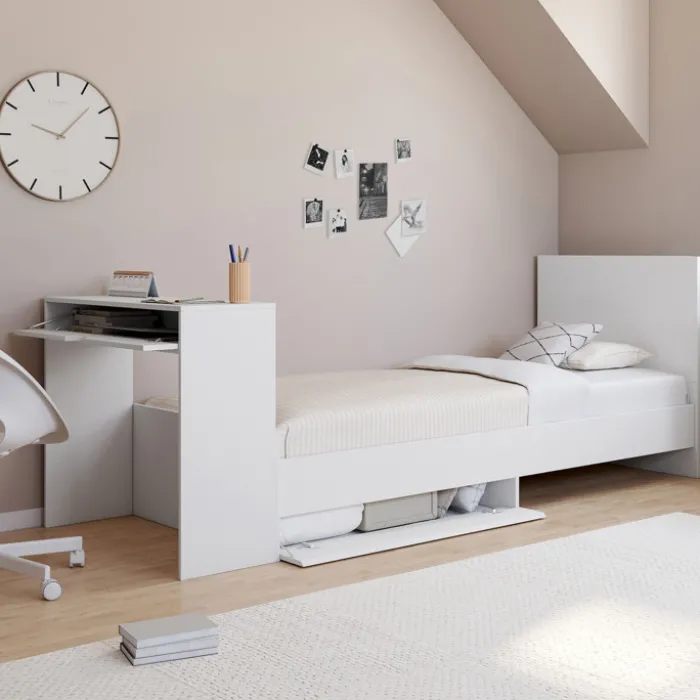 Lit simple blanc 90 x 190 cm avec rangements, sommier, tête de lit et bureau