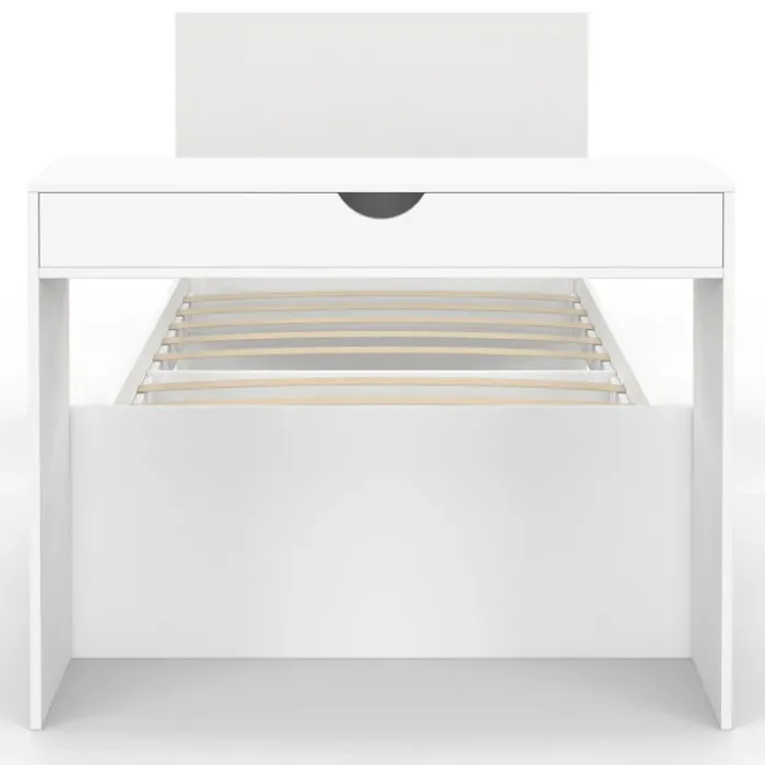 Lit simple blanc 90 x 190 cm avec rangements, sommier, tête de lit et bureau