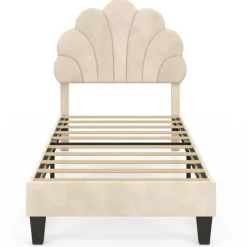 Lit simple coquillage 90 x 190 cm avec sommier velours beige