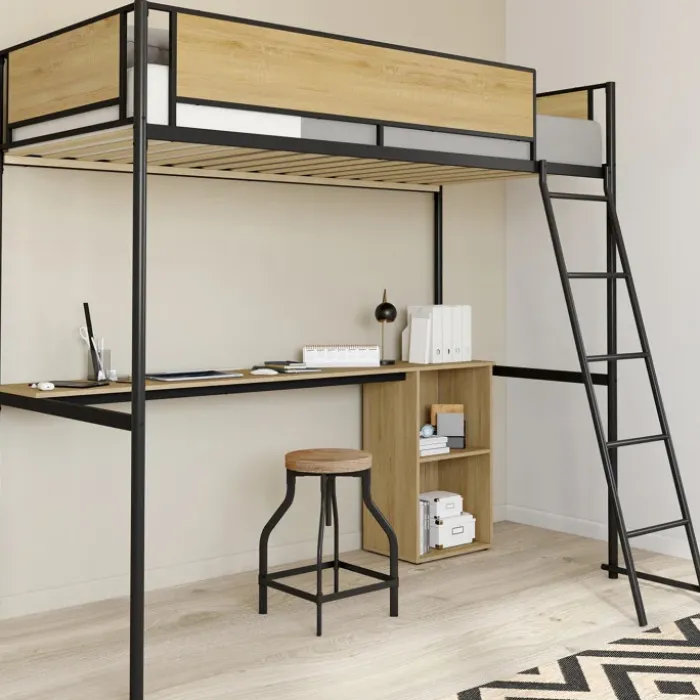 Lit simple mezzanine 90x190cm avec bureau et rangements style industriel