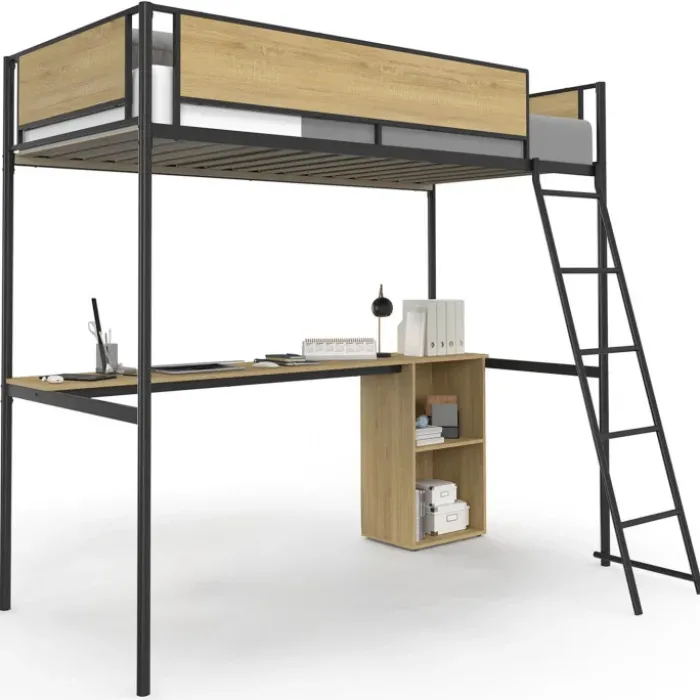 Lit simple mezzanine 90x190cm avec bureau et rangements style industriel
