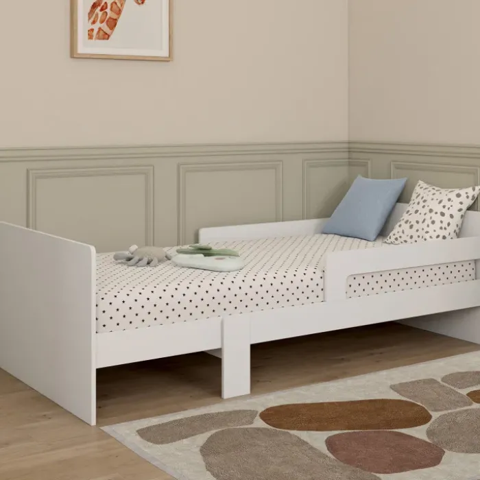 Lit simple évolutif 90 x 140/190 cm avec sommier et barrières bois blanc