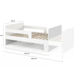Lit simple évolutif 90 x 140/190 cm avec sommier et barrières bois blanc