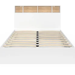 Lit 140x190 avec rangements blanc et hêtre et tête de lit