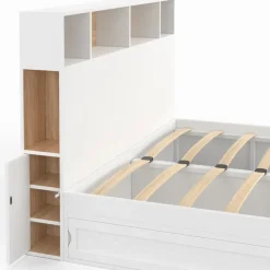 Lit 140x190 avec rangements blanc et hêtre et tête de lit
