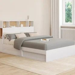 Lit 140x190 avec rangements blanc et hêtre et tête de lit