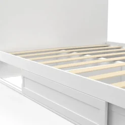 Lit 140x190 cm blanc avec rangements, tête de lit et sommier