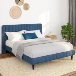 Lit 140x190 cm velours bleu avec tête de lit et sommier