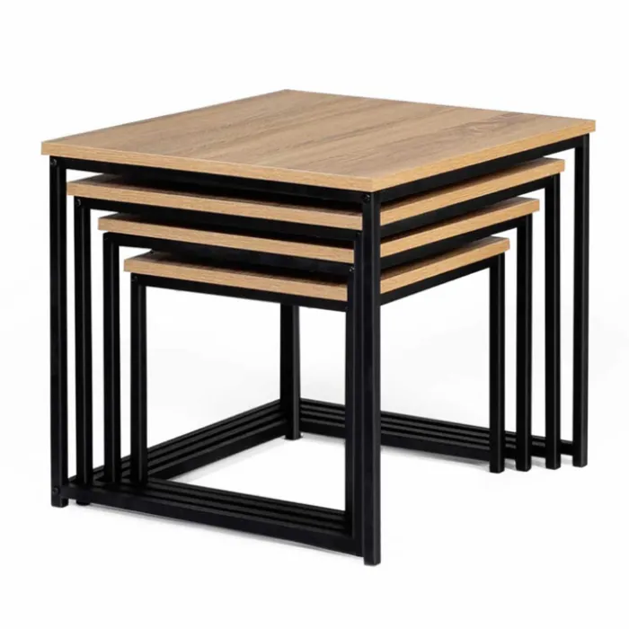 Lot 4 tables basses gigognes bois métal industrielles 35/40/45/50 cm