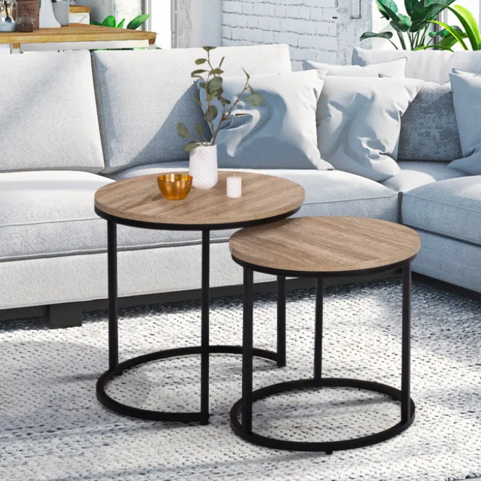 Lot 2 tables basses gigognes rondes bois métal industrielles 40/45 cm