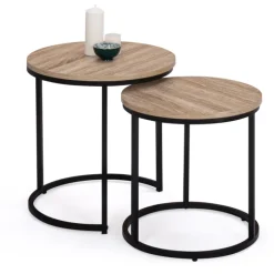 Lot 2 tables basses gigognes rondes bois métal industrielles 40/45 cm