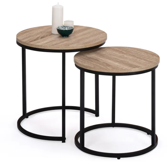 Lot 2 tables basses gigognes rondes bois métal industrielles 40/45 cm