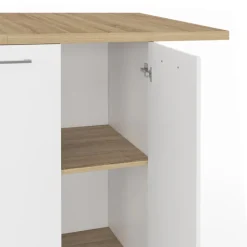 Îlot central bois blanc avec plan de travail façon hêtre 140 cm 4 personnes avec rangement