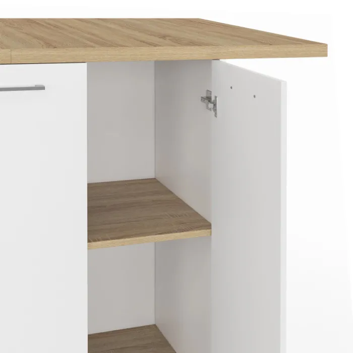 Îlot central bois blanc avec plan de travail façon hêtre 140 cm 4 personnes avec rangement