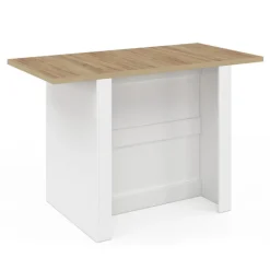 Îlot central bois blanc avec plan de travail façon hêtre 140 cm 4 personnes avec rangement