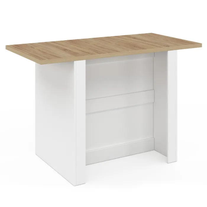 Îlot central bois blanc avec plan de travail façon hêtre 140 cm 4 personnes avec rangement